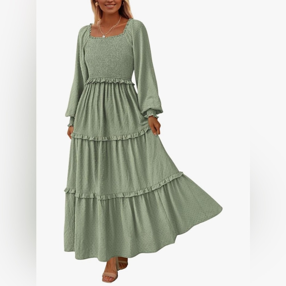 PRETTYGARDEN Long Sleeve Smocked Square Neck Swiss Dot Tiered Flowy Maxi Dress